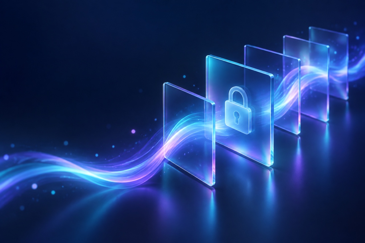 Illustration: a luminous stream of funds flowing between translucent glass panels, one etched with a padlock silhouette