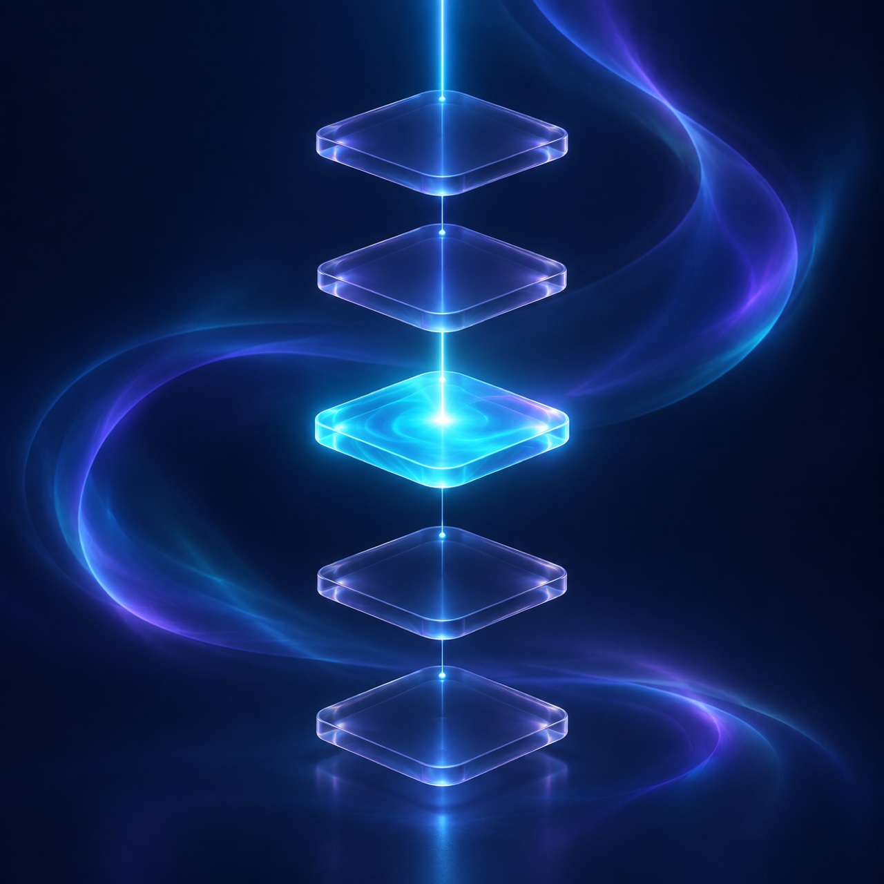 Illustration: a single glowing node in a diagram of glass nodes being struck by a bright beam of light