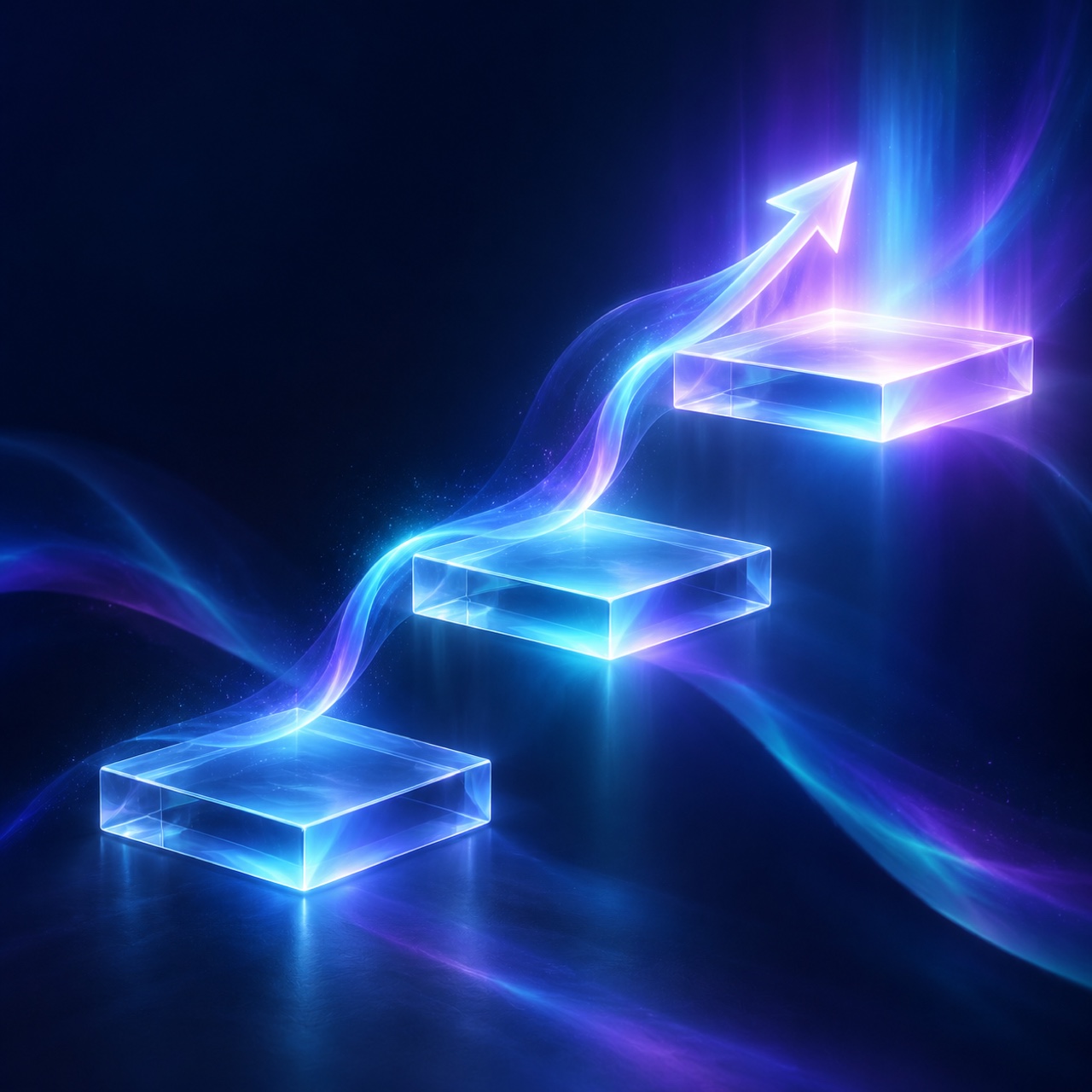 Illustration: a glowing arrow of light climbing three ascending glass steps, each brighter than the last