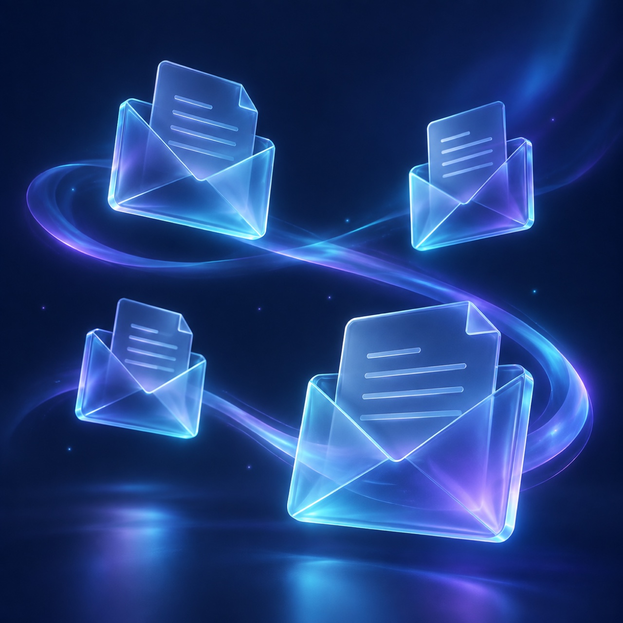 Illustration: translucent glass envelopes and document sheets floating with a thin cyan glow