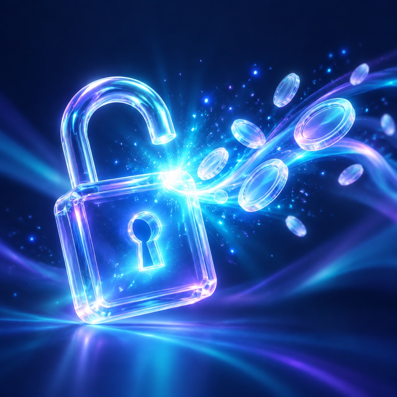 Illustration: a glass padlock bursting open with cyan light particles as glowing coins stream away